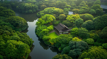A lush green forest with a small house in the middle