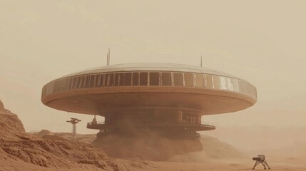 Futuristic Martian Outpost with Robotic Drones Maintaining Metal Structures on Rusty Landscape under Dusty Skies