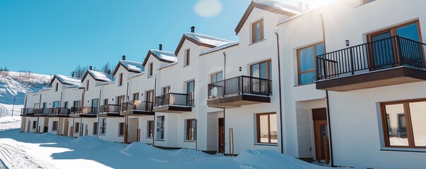Obraz premium White walls of new Snow Valley townhouses gleam on a sunny day.