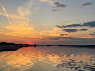 Bright sunset over the river Volga near Kazan, Russia