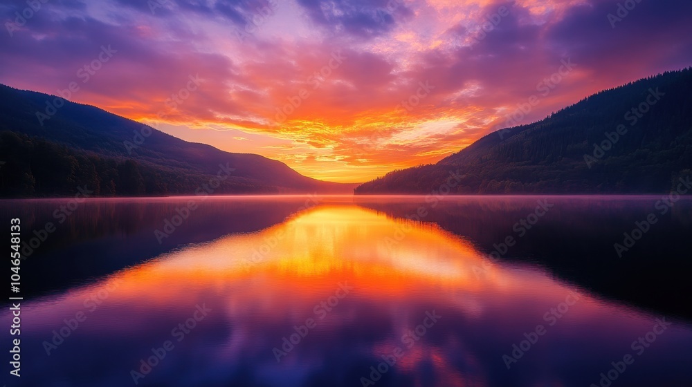 Wall mural A fiery sunset over a tranquil mountain lake.