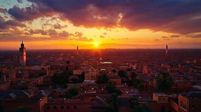 Aerial view of Marrakech at sunset with a colorful sky.