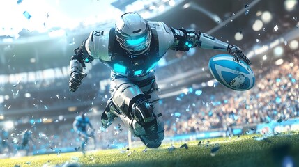 Futuristic robot mech in high-tech exoskeleton soaring over sports stadium
