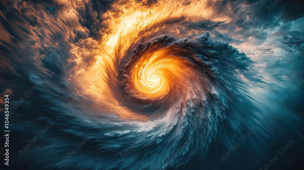 Poster vivid swirling vortex of clouds illuminated with fiery hues, abstract atmospheric scene