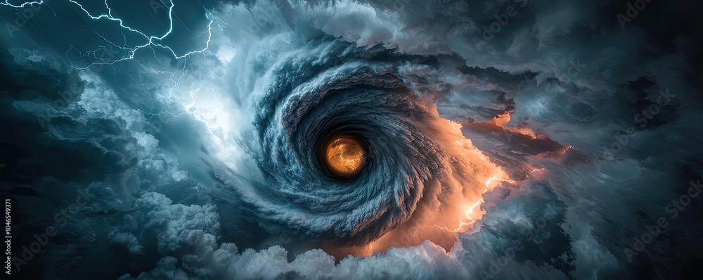 Aufkleber A swirling storm with lightning and fiery core in chaotic clouds.