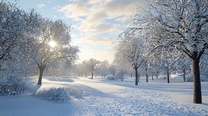Obraz premium Snow-Covered Trees in a Serene Winter Landscape