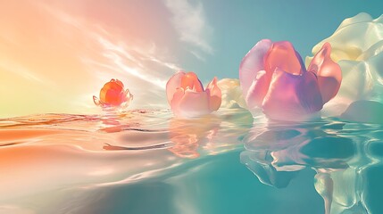 Floating surreal abstract forms in layered dreamscape