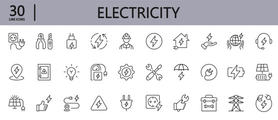 Electricity icons line set with Electrical, Bulb, Cord, Electric, Socket, Sign, Technology, Electrician and more. Editable Stroke