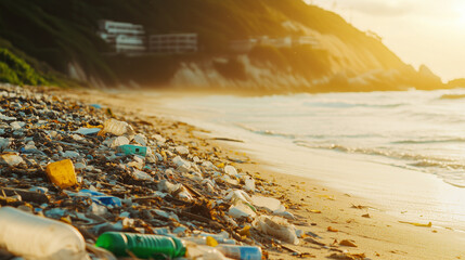 Plastic Pollution on a Beach at Sunset