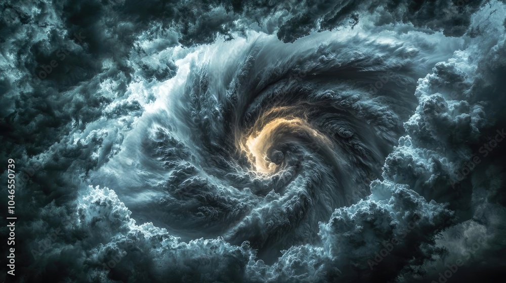 Poster swirling dark storm clouds with a hint of light at the center.