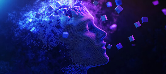 Obraz premium Abstract digital purple blue human face with closed eyes on a black background. Artificial intelligence concept of big data or cyber security. 