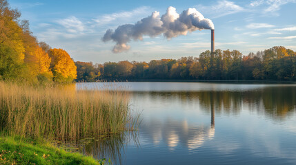 Smokestack Reflecting on a Calm Lake