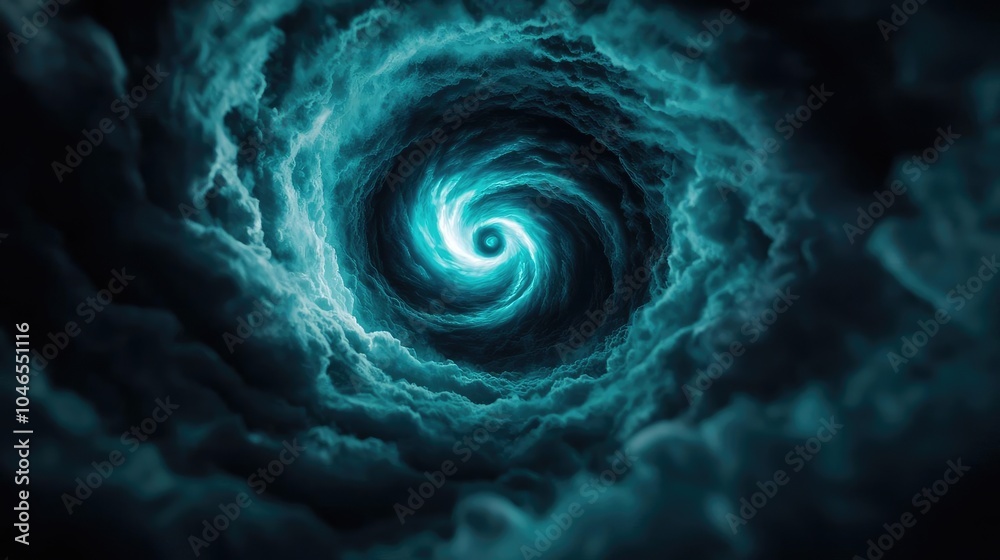Poster abstract swirling vortex with dark clouds and glowing blue light