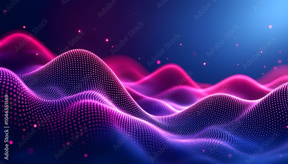 Poster big data visualization. musical stream of sounds. abstract background with interweaving of dots. sci