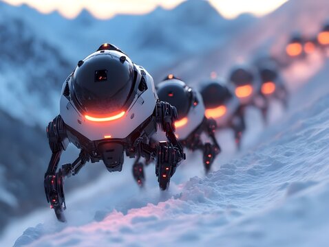Futuristic Robotic Reconnaissance Expedition Exploring Snowy Mountain Landscape