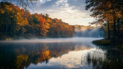 Breathtaking Fall Landscape Captured in Digital Photography, Showcasing Rich Colors and Light Mist for an Epic Autumn Experience.
