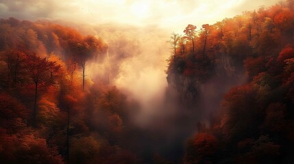 Fototapeta premium Breathtaking Fall Landscape Captured in Digital Photography, Showcasing Rich Colors and Light Mist for an Epic Autumn Experience. 