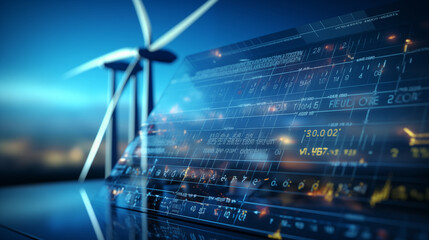 Close-up of wind turbine with data displays on background, renewable energy and sustainability.