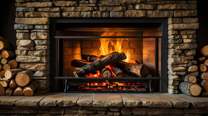 fireplace with fire, ai generated