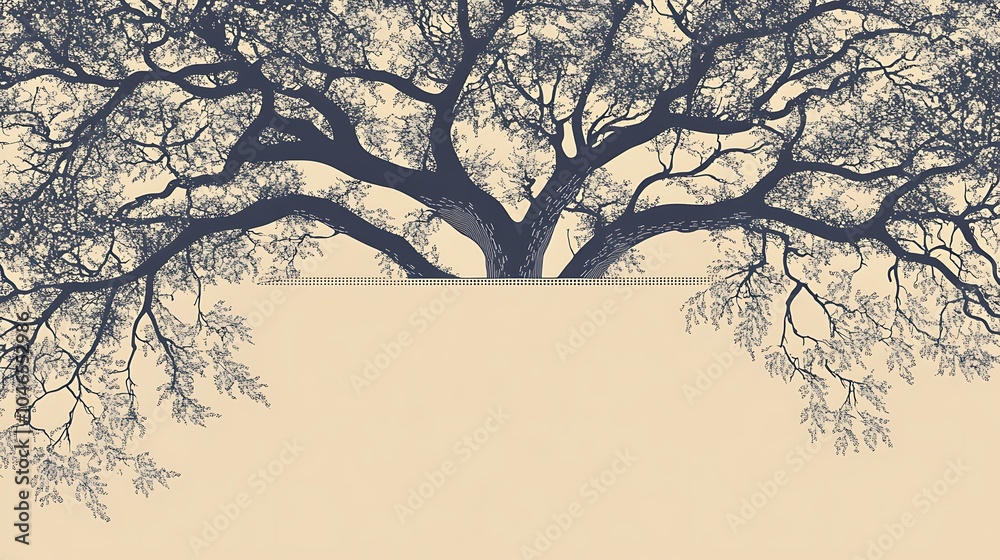 Poster silhouette of a large tree with branches reaching out, against a light beige background.
