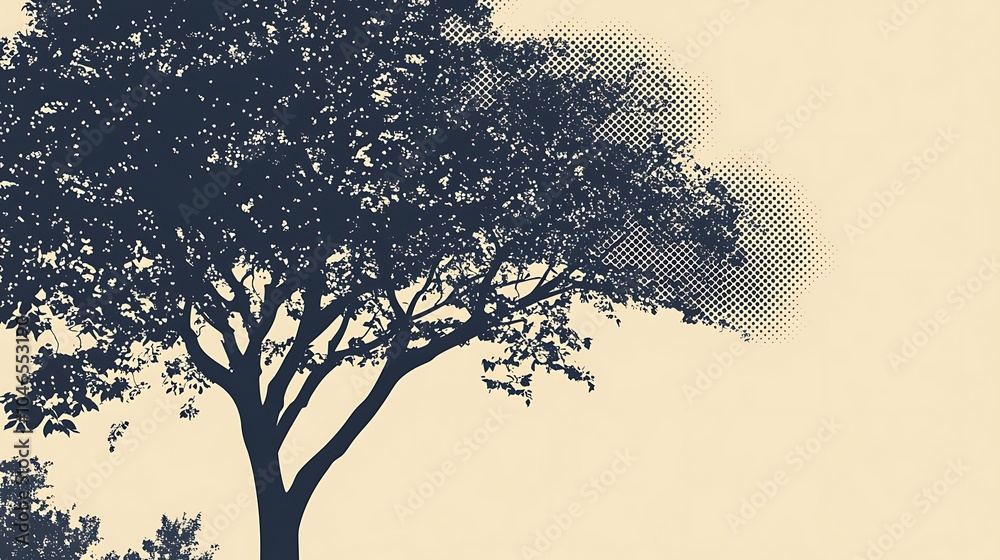 Poster Silhouette of a tree with a halftone effect on the background.