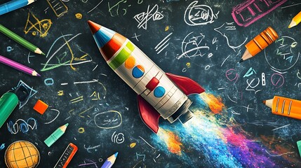 A back-to-school themed rocket made from various school items, like colored pencils and markers, designed as if blasting off, with a chalkboard-style background featuring educational symbols.
