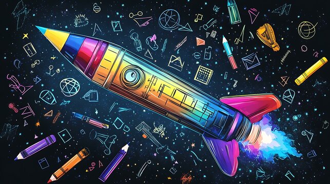 A back-to-school themed rocket made from various school items, like colored pencils and markers, designed as if blasting off, with a chalkboard-style background featuring educational symbols.