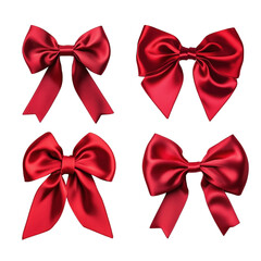 Realistic red bows set for decorating gifts, surprises for holidays. Packing presents for birthday, new year and Christmas. Promotion and Discount objects on transparent background