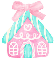 Preppy Coquette Christmas gingerbread house pastel watercolor pink and mint green color