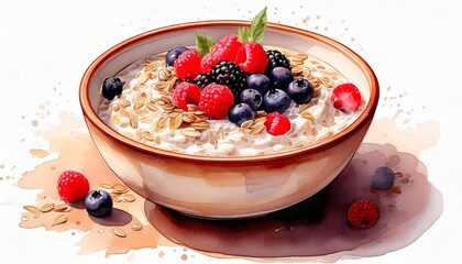 Berry Delight: A bowl of oatmeal topped with a colorful assortment of berries, creating a nutritious and delicious breakfast. Watercolor Illustration. Drawing. Art. 3