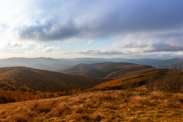 View on hills from Mała Rawka, Bieszczady, Poland