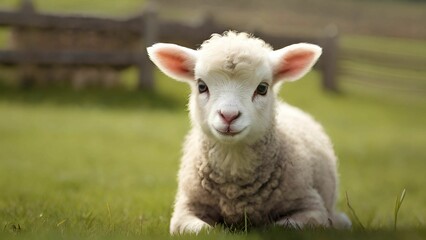 Fototapeta premium A lamb sitting on the green field