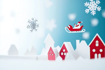 Christmas scene with Santa on a sleigh over festive houses and snowflakes.