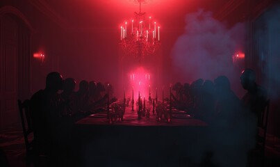 Red-lit room, silhouettes of people dining.