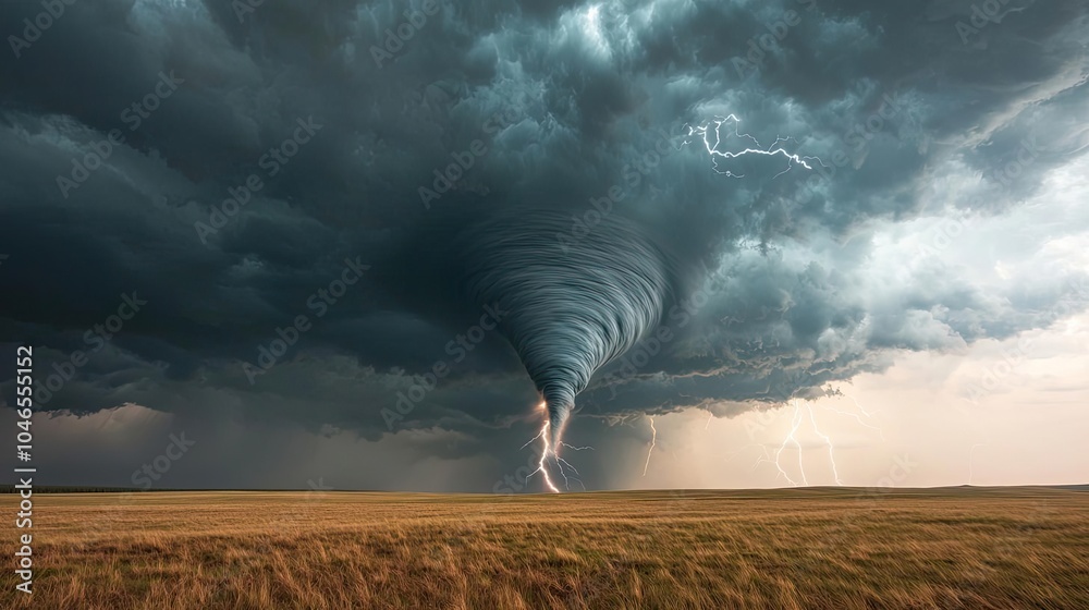 Poster Tornado forming over a vast field with dramatic clouds and lightning in the background.
