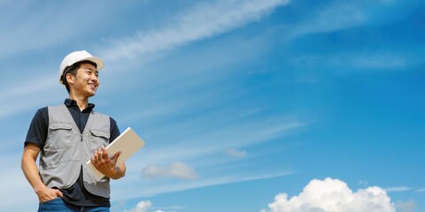 Male Asian Industrial Worker Holding Paperwork Under a Bright Blue Sky
