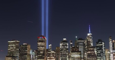 September 11 memorial lights hyper-lapse zoom out