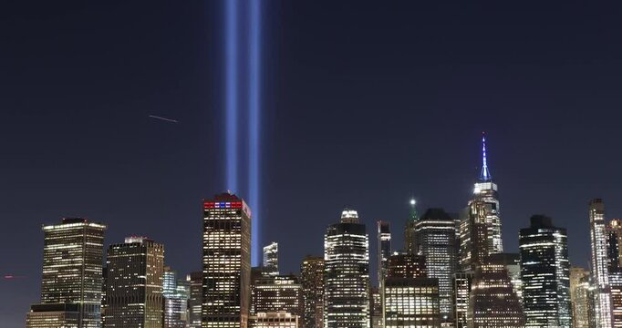 September 11 memorial lights hyper-lapse zoom out