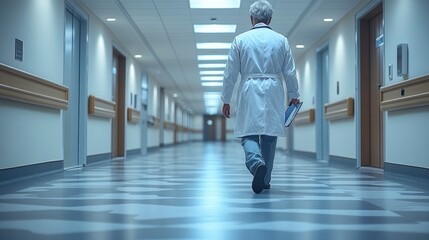 Fototapeta premium Clinical Specialist Walking Hospital Corridor with Digital Patient Records