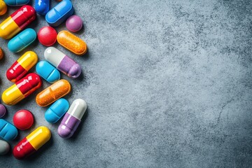 Vibrant assortment of colorful capsules and pills scattered on a textured gray surface