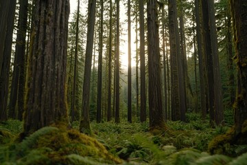 Fototapeta premium Serene Forest Sunrise Nature's Tranquil Embrace Among Towering Trees
