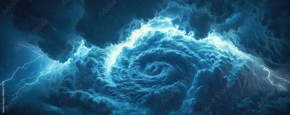 Poster dark swirling storm clouds with flashes of lightning in a dramatic sky.