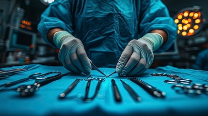 Surgical instruments arranged on blue sterile cloth in operating room