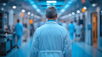 Naklejka premium Medical Professional Walking Through Modern Hospital Corridor with Clinical Staff