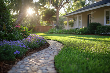 Fototapeta premium Ground level view of a well maintained lawn and garden with a country house in a pleasant residential area on a sunny summer day.