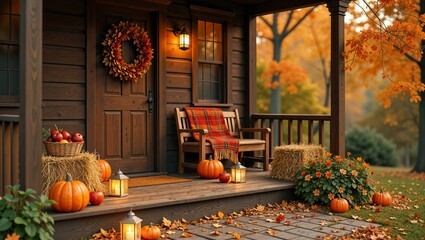 Obraz premium Autumn porch decorated with pumpkins and wreath, 3d render