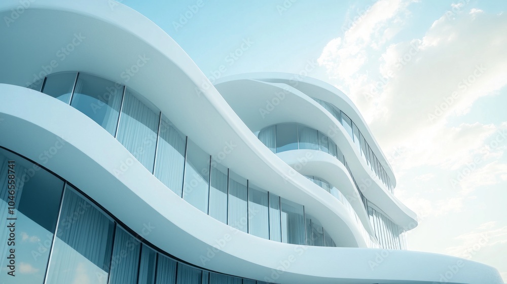 Poster A large white building with a lot of windows and a curved design