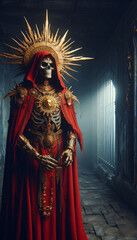 Fototapeta premium a red cloaked undead warrior, wearing a golden sun crown