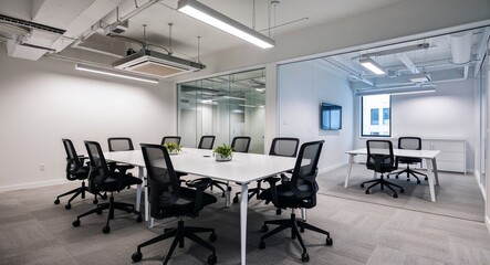 Open-plan office space with workstations, ergonomic chairs, and a minimalist design aesthetic