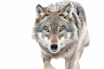 Fototapeta premium A close-up of a wolf walking through a snowy landscape, showcasing its features and expression.